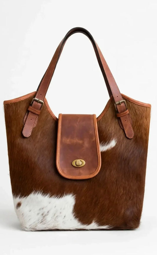 Cowhide Leather Tote Bag with Front Pocket