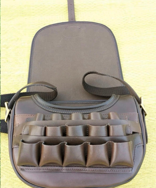 Premium Brown Leather Hunting Shell Holder Bag – Multi-Pocket Outdoor Ammunition Pouch