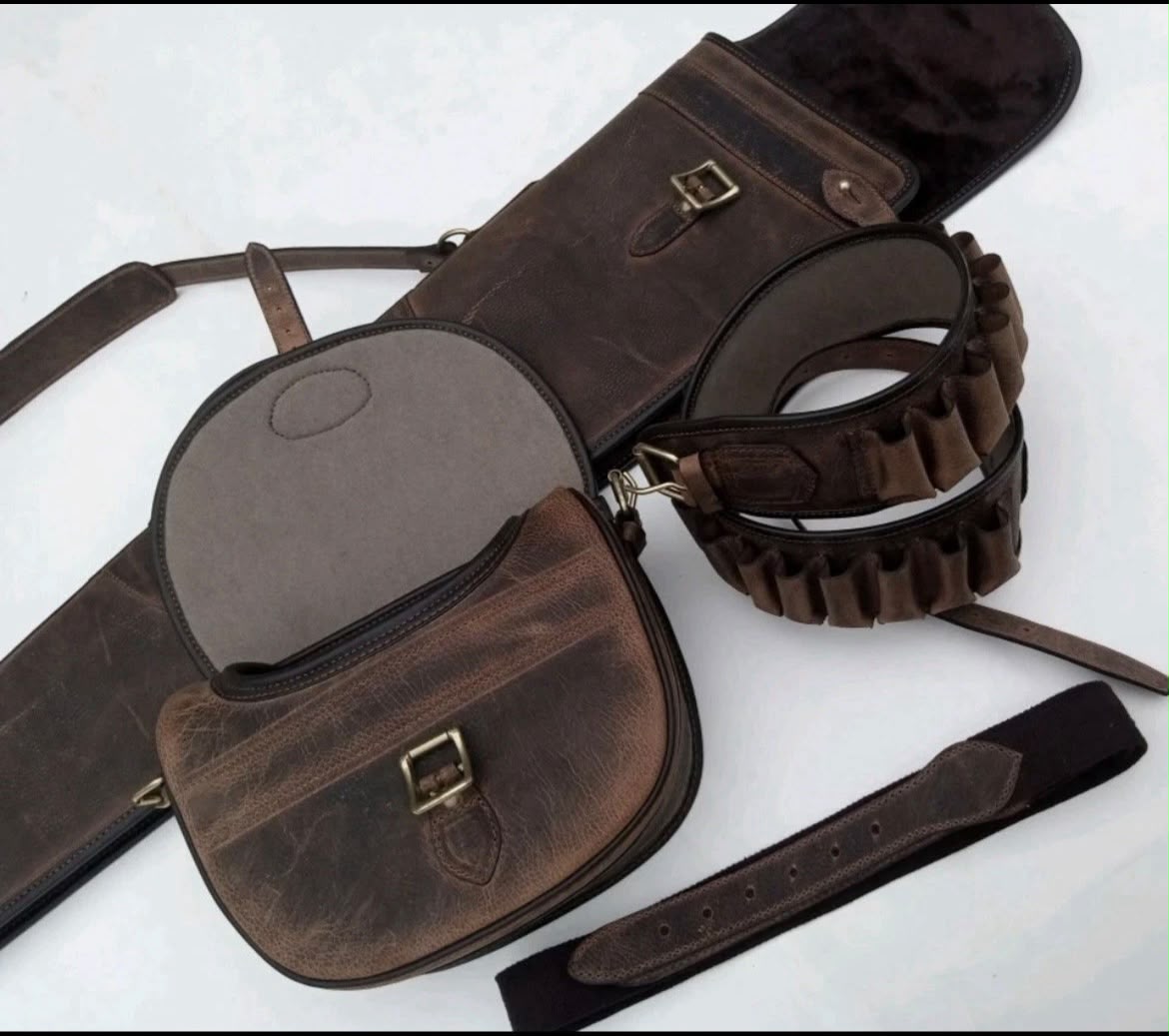 Leather Hunting Gear Set with Cartridge Belt & Bag